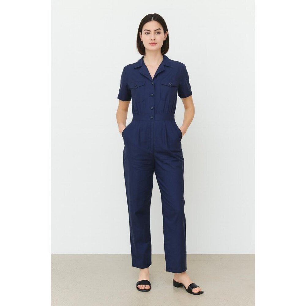 Vintage 1980s–90s Navy Blue Jumpsuit Romper – Laura & Jayme Elastic‑Waist One‑Pi